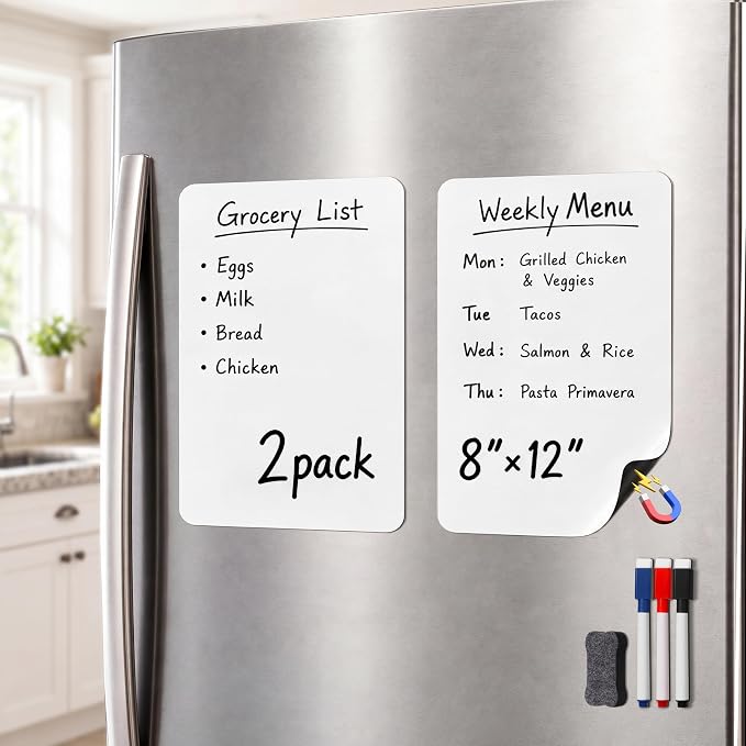 Small Magnetic Whiteboard for Fridge: 2-Pack Menu & Grocery Planner | Dry Erase Sheets for Shopping Lists & Meal Schedules - 12" x 8" Refrigerator Set Ships Flat with 3 Markers & 1 Eraser