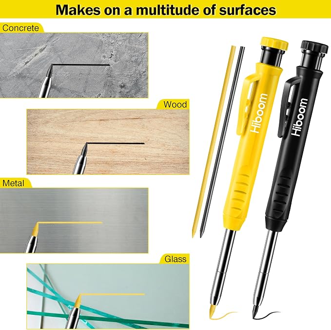Hiboom 2 Pack Mechanical Deep Hole Carpenter Pencil, 14 Refills | Deep Hole Marker, Long Reach Tip, Built-in Sharpener, Wood, Metal, Concrete, Construction, Woodworking, Architect
