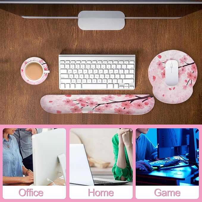 Cherry Blossom Pink Flower Mouse Pad with Wrist Rest Set, 3-in-1 Wrist Support Mousepad Set, Gaming Mat Pad with Anti-Skid Base,Ergonomic Memory Foam Mouse Pad Set for Women, Office, Typing, Gaming
