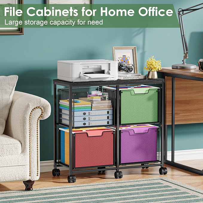 Sbanmao 4 Drawer Lateral File Cabinet, Mobile Filing Cabinet, Printer Stand with Wheels Under Desk Storage Office Storage Cabinet Fits Letter Size for Home Office, Black