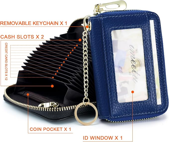 imeetu RFID Credit Card Holder, Small Card Wallet Women, Leather Card Case | Genuine Leather Women's Card & id Cases, Change Coin Purse with Zipper Keychain id Window, 20 Colors & 3 Styles, Daily, Gifts