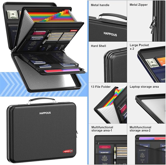 Fireproof Document Organizer, Fireproof Document Box | Portable Hard-Shell Fireproof Document Organizer Storage for Documents Laptop Passports Cards Black
