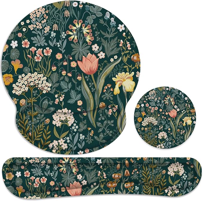 Ergonomic Mouse Pad with Wrist Rest and Keyboard Wrist Rest, Mousepad | Memory Foam Wrist Rest for Computer Keyboard, Pain Relief, Non-Slip Base, Mouse Pad Wrist Support for Gaming, Green Flowers