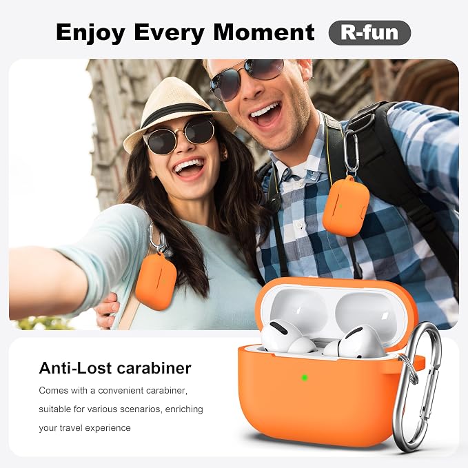R-fun for AirPods Pro 2 Case, Soft Silicone Protective Cover with Keychain and Cleaning Pen, Compatible with AirPods Pro 2nd/1st Generation, Supports Wireless Charging, Orange
