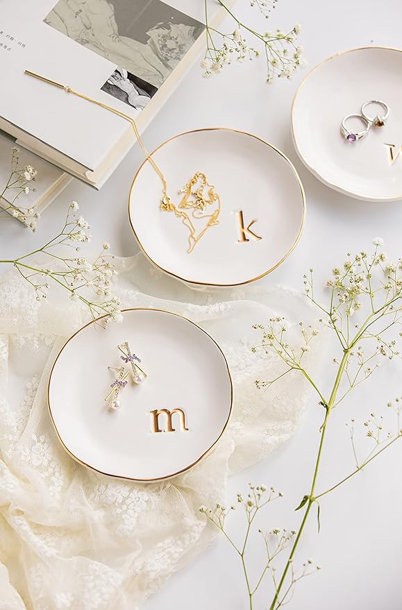 COLLECTIVE HOME Ceramic Jewelry Tray, Trinket Dish, Gifts for Women (N) | Mother's Day, Birthday, Christmas, Engagement Gifts, Vanity, Nightstand Decor, Embossed Gold Monogram Ring Dish with Gift Box