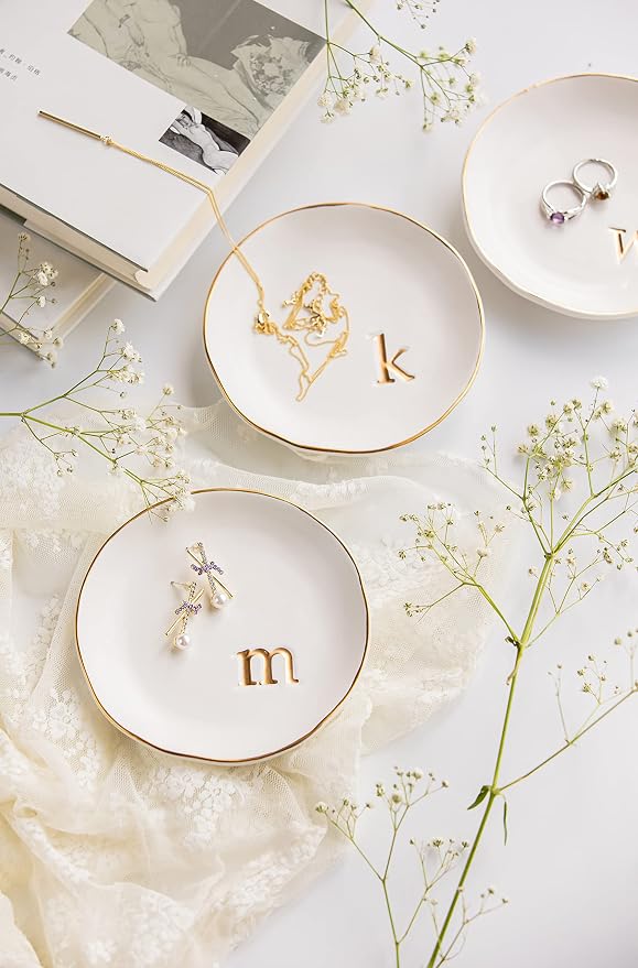 COLLECTIVE HOME Ceramic Jewelry Tray, Trinket Dish, Gifts for Women (K) | Mother's Day, Birthday, Christmas, Engagement Gifts, Vanity, Nightstand Decor, Embossed Gold Monogram Ring Dish with Gift Box