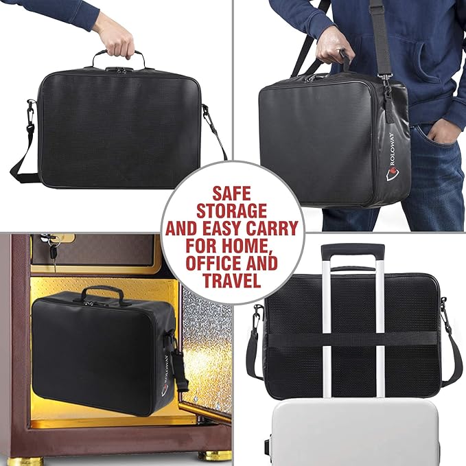 ROLOWAY Fireproof Document Bag with Lock (17 x 11.8 x 5 inch), Important Document Storage Bag with Multi-Layer File Organizers (Black)