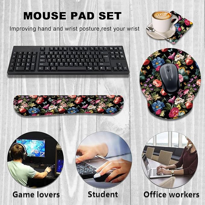 Keyboard Wrist Rest and Mouse Wrist Rest Pad with Cup Coaster,Made of Memory Foam,Ergonomic Support,Easy-Typing and Pain Relief,for Gaming Office Home Computer,Butterfly Flower