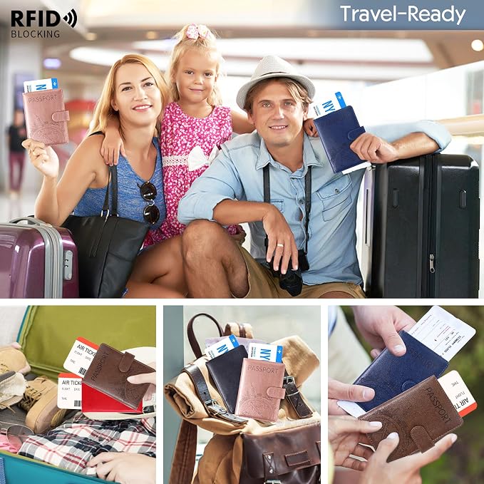 Passport Holder and Card Slot Combo RFID Blocking Leather Family Travel Passport Wallet Travel Accessories for Men Women US Passport Cover Protector (Travel black)