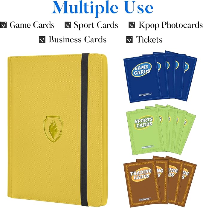Premium 9 Pocket Card Binder for 360 Cards, Fabmaker PU Cover Trading Card Binder, Sturdy Card Collection Album, Sleek Card Holder Folders for Game Cards & Sports Cards, Yellow