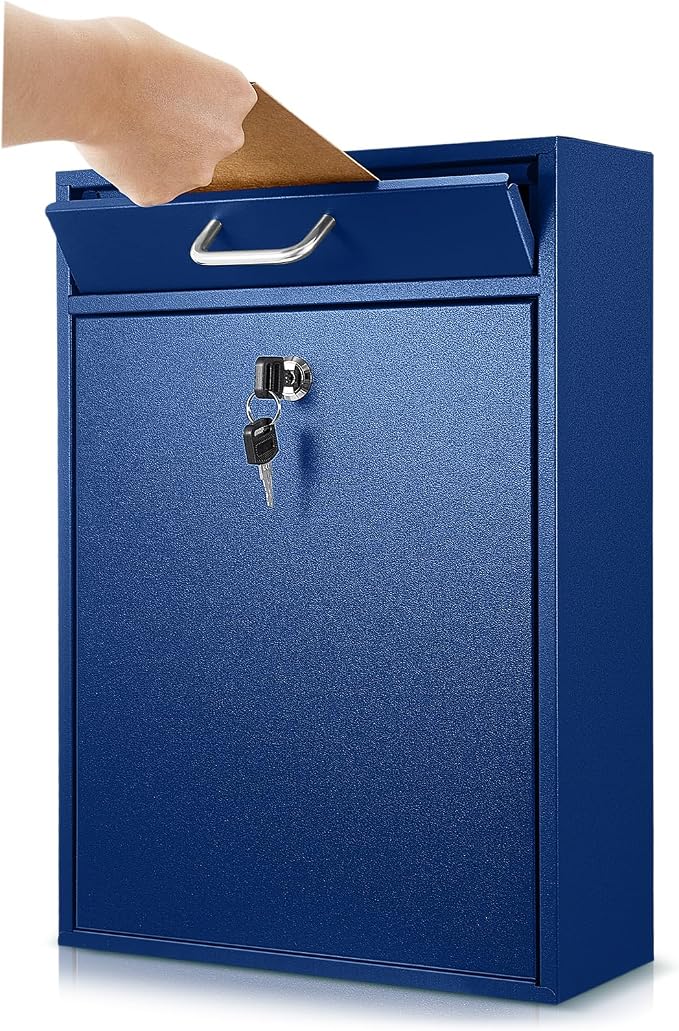 Yaocom Locking Mailbox with Key for Outdoor 16.2 x 11.2 x 4.7 Inches Large Wall Mount Mail Box with Lock Security Mail Drop Metal Collection Boxes Hanging Secure Postbox(Dark Blue)