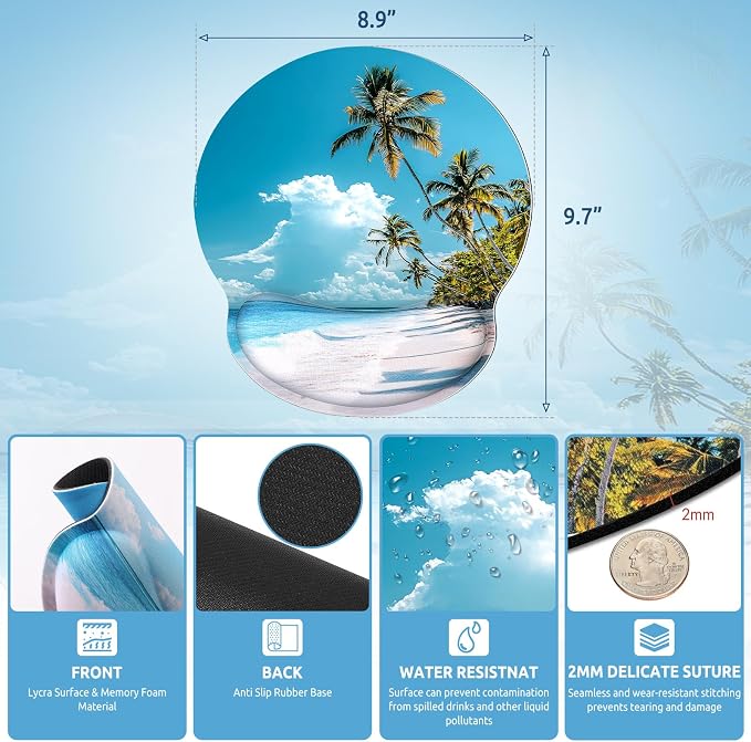 KONVINIT Ergonomic Mouse Pad with Wrist Rest, Small Mousepad with Non-Slip Rubber Base and Smooth Surface, Beach Mouse Pads for Desk, Office Desk Accessories
