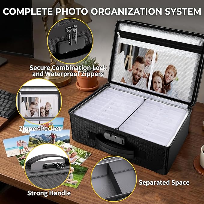 ENGPOW Fireproof 5200°F Photo Storage Box with 16 Inner 4" x 6" Photo Case(Clear), Photo Organizer with Lock, Portable Acid-Free Photo Keeper Safe Storage with Handles for Home, Office, Travel
