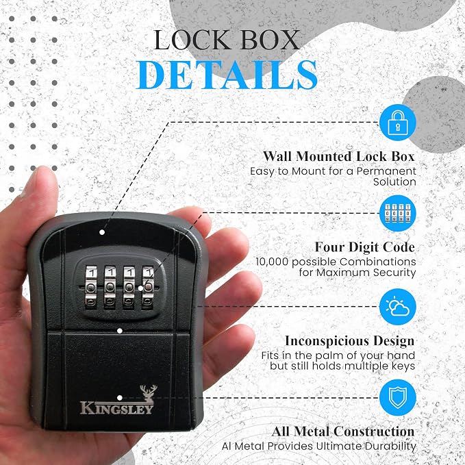 Kingsley QCH-807 Key Storage Box, Wall Mounted | Resettable Code, Water Resistant, Realtor Key Lock Box, For AirBnB, Spare Keys, Home, Apartment