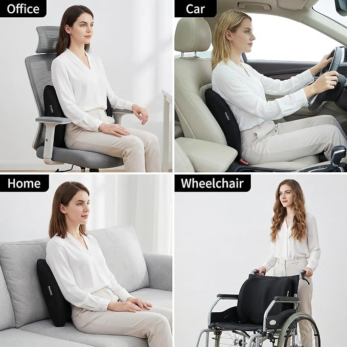 Lumbar Support Pillow Memory Foam Back Cushion for Sciatica & Lower Back Pain Relief Orthopedic Posture Corrector for Office Chair Gaming Chair Car Seat Breathable Washable - Black