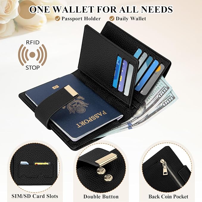 BKNOOU RFID Blocking Passport Holder with Airtag Slot- Leather Travel Passport Wallet for Women & Men, Slim Bifold Travel Passport Holder Holds Cards & Tickets & Cash (Black)