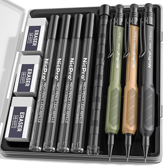 Nicpro 1.3 mm Mechanical Pencils Set 3 Colors, HD1000 1.3 Lead Pencil, 3Pcs | 51 Refill, 3 Eraser -Weatherproof Barrel Pencil, Heavy Duty Carpenter Pencil for Outdoor Marking Drafting Drawing Woodworking