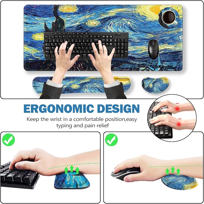 ToLuLu Large Mouse Pad, Memory Foam Keyboard Mouse Wrist Rest Support Set | Ergonomic Desk Mat with Stitched Edges, Gaming Extended Non-Slip Base Mousepad for Home Office, Van Gogh Starry Night