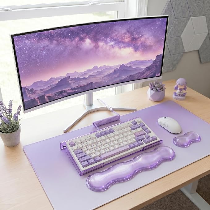 Computer Keyboard Stand Pad with Gel Wrist Rest Keyboard Pad Support with Comfortable Wrist Pad Easy Typing Ergonomic Tilted Acrylic Transparent Keyboard Riser Holder for Desktop Office Home Purple