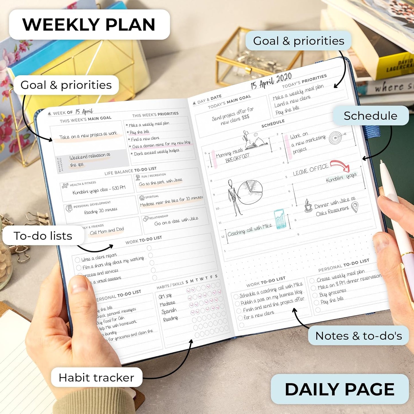 Clever Fox Planner Daily Premium – Undated Daily Planner with Hourly Schedule, Personal Organizer, Productivity Journal, 6 Months (Mystic Blue)