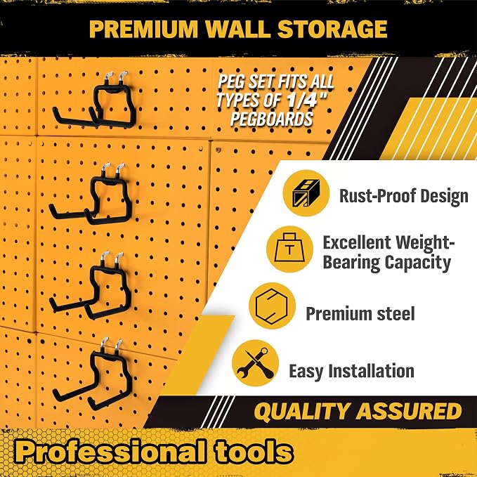 ELEAD 8-Piece Flat Pegboard Hooks, Peg Board Organizer Accessories for Hanging, Fit 1/4" Pegboard, Peg Board Tool Hangers for Garage Kitchen Workbench