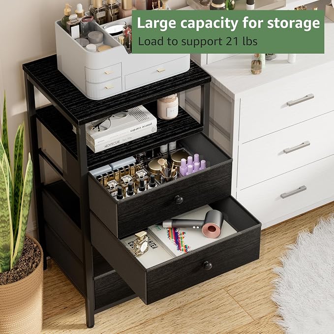 BOLUO Tall Night Stand with Drawers, Black Nightstand with Charging Station and LED Light, Small White 4 Drawer Dresser for Bedroom, Room Storage Closet