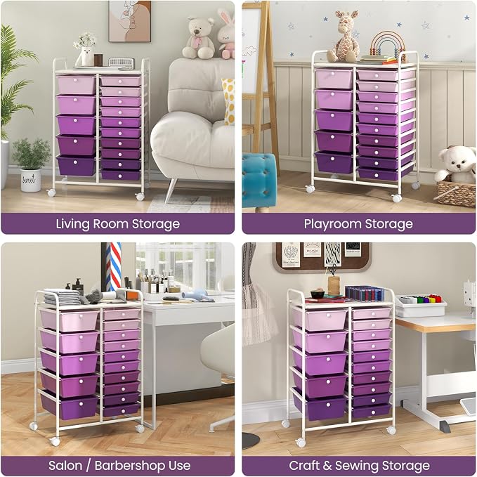 BECOMFORT 15-Drawer Rolling Cart with Drawers, Storage Cart on Wheels, Teacher Classroom Organizers with Metal Frame, Mobile Craft Cart for Tools, Trolley Utility Cart for School Office Play Room