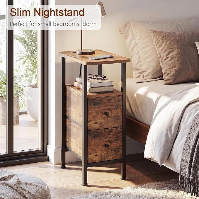 Narrow End Table with Charging Station, Small Nightstand | Skinny Side Tables Living Room with 2 Fabric Drawers, Slim Bedside Table for Bedroom, Small Spaces, Couch, Rustic Brown