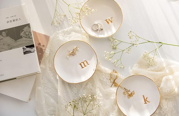 COLLECTIVE HOME Ceramic Jewelry Tray, Trinket Dish, Gifts for Women (C) | Mother's Day, Birthday, Christmas, Engagement Gifts, Vanity, Nightstand Decor, Embossed Gold Monogram Ring Dish with Gift Box