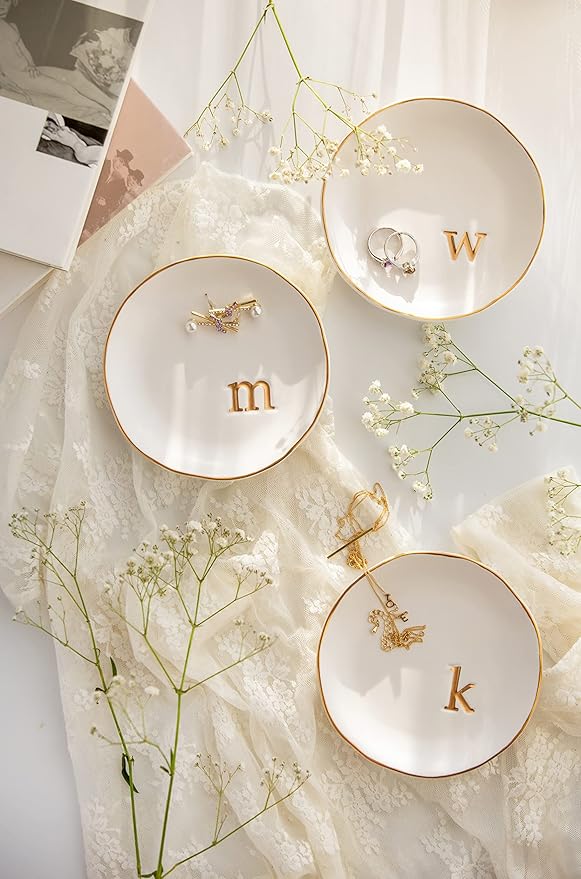 COLLECTIVE HOME Ceramic Jewelry Tray, Trinket Dish, Gifts for Women (E) | Mother's Day, Birthday, Christmas, Engagement Gifts, Vanity, Nightstand Decor, Embossed Gold Monogram Ring Dish with Gift Box