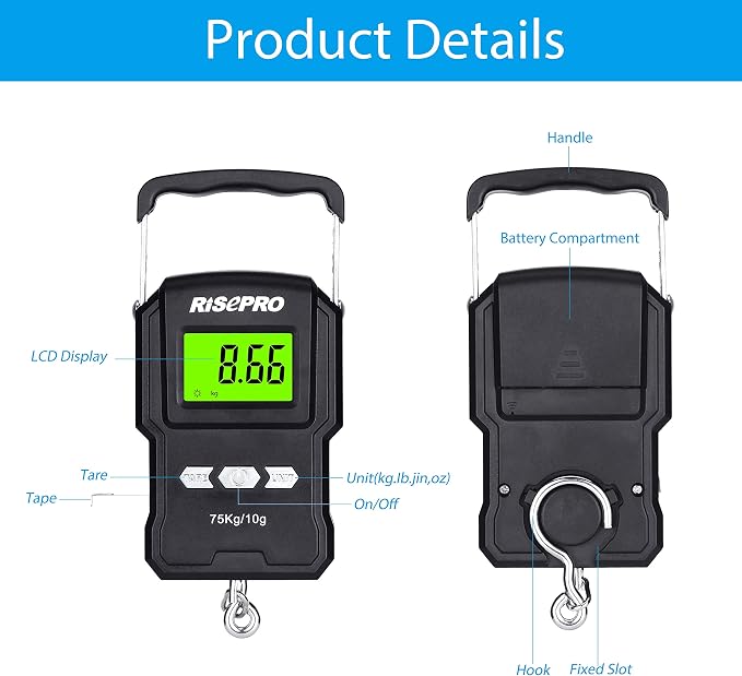 RISEPRO® 75Kg / 165Lb Digital Fish Scale with 39 Inch Ruler Electronic Luggage Balance Fishing Postal Hanging Hook Scale WHA08