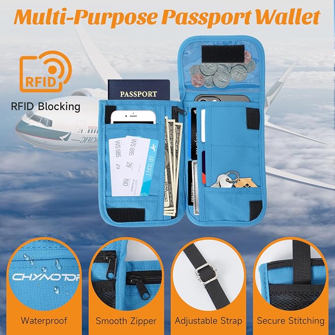 Neck Wallet & RFID Blocking Passport Holder for Travel – Waterproof Hidden Travel Wallet with Card Slots, Adjustable Strap, Portable Document Organizer for Men, Women (Gift) Sky Blue