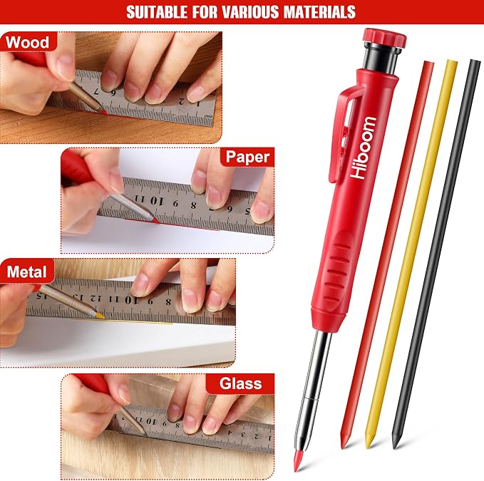 Hiboom 3 Pack Carpenter Pencils Set with 24 Refills | 2.8 mm Carpenters Mechanical Pencil Built in Sharpener, Woodworking Marking Tool Solid Deep Hole Construction Pencil