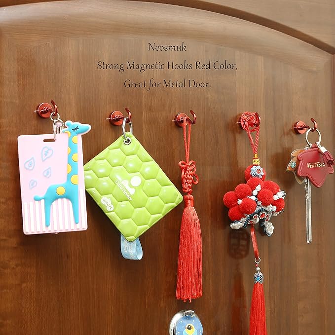 Neosmuk Magnetic Hooks, Heavy Duty 30lb+ Strong Magnet Hook for Cruise Cabins, Cruise Essentials 2026 for Hanging, Metal Wall Refrigerator Hangers (Red, 12 Pack)