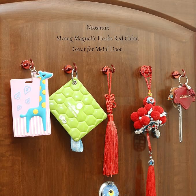 Neosmuk Magnetic Hooks, Heavy Duty 30lb+ Strong Magnet Hook for Cruise Cabins, Cruise Essentials 2026 for Hanging, Metal Wall Refrigerator Hangers (Red, 10 Pack)