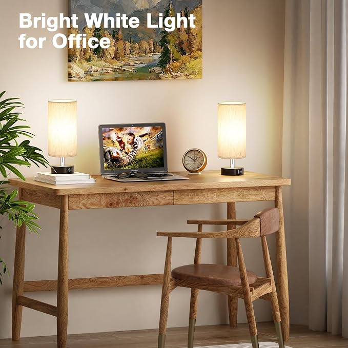 Small Table Lamps for Bedroom set of 2 - Touch Lamps with 3 Way Dimmable | Two LED Bulb Included | USB C and A Ports | Cream Shade and Black Base | Bedside Lamp for Nightstand
