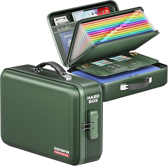 Fireproof Document Box, Hard Case Highly Flame-Resistant Fire Proof Waterproof File Organizer with Lock, Portable Fire Safe for Important Documents & Valuables Storage (Green, ‎16"*12"*5")