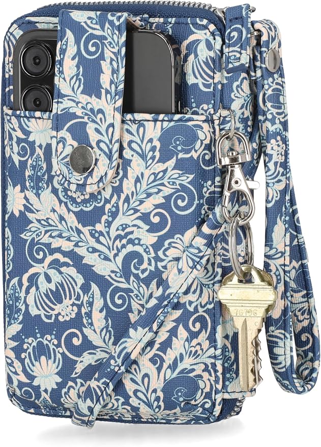 Mundi Jacqui RFID Crossbody Wallet for Women, Vegan Leather Small Travel Handbag with Phone Holder, Compact Organizer with Card Slots and Removable Strap, Vacation Purse in Indigo Paisley