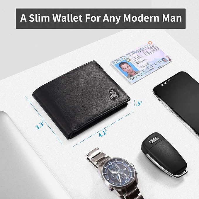Slim RFID Blocking Leather Wallet for Men, Front Pocket Bifold Wallet with Zipper Coin Pocket and 2 ID Windows, Credit Card Holder