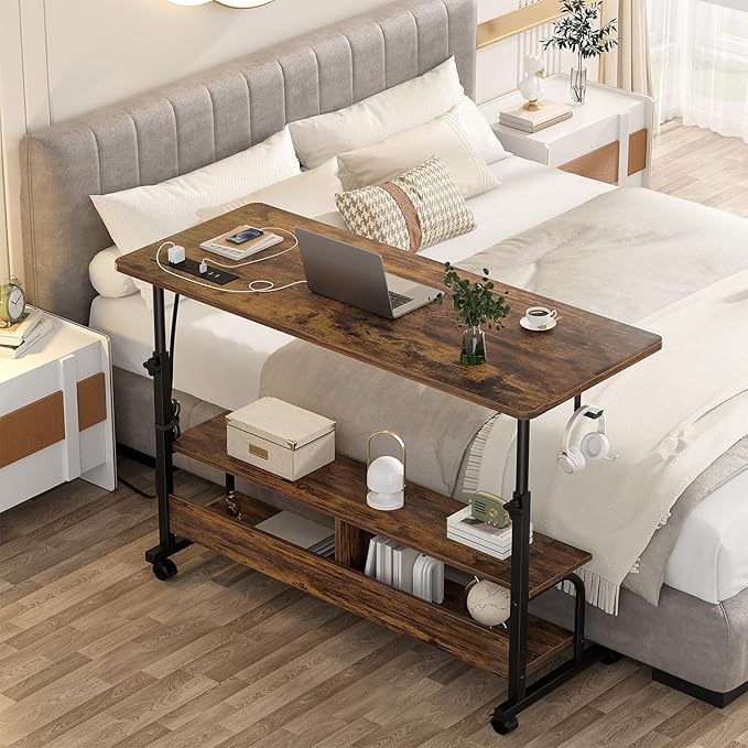 Armocity Height Adjustable Standing Desk with Power Outlets, 47" Manual Stand Up Desk with Storage Shelves Small Mobile Rolling Computer Desk Portable Laptop Table with Wheels for Home Office, Rustic