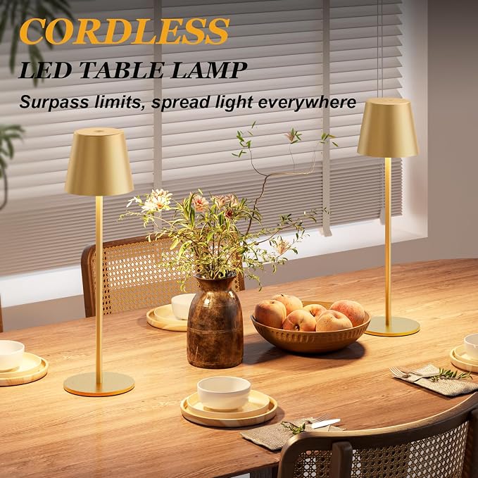 Kakanuo Cordless Table Lamp Rechargeable Gold - 4 Pack Battery Operated Lamp for Dining Table, 3 Color Stepless Dimming Wireless Lamp for Counter, Outdoor Patio, Touch Control