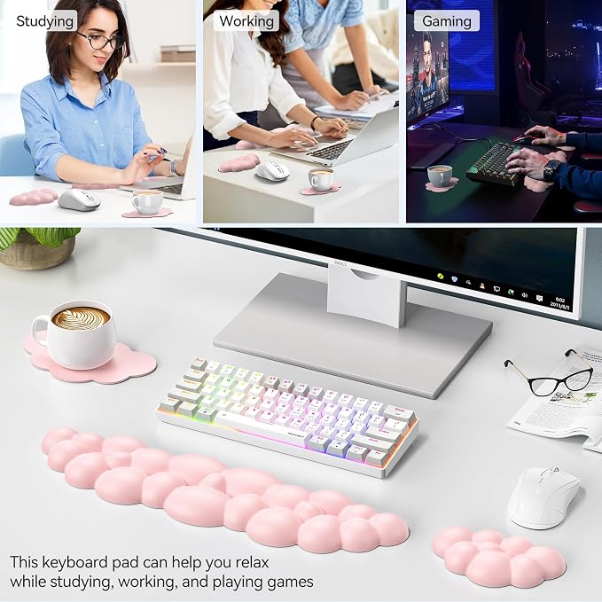 TECKNET Cloud Keyboard Wrist Rest Set, Cloud Wrist Rest with Non-Slip Base, PU Leather Wrist Pad for Keyboard with Ergonomic Memory Foam for Computer Laptop Office Gaming and Pain Relief, Light Pink