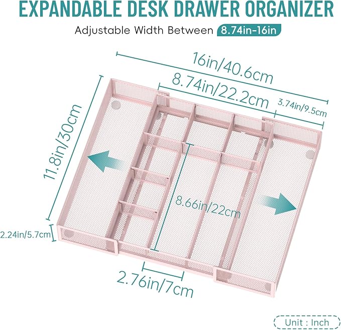 Expandable Desk Drawer Organizer Tray with 10 Adjustable Compartments, Metal Mesh Office Drawer Organizer, Versatile Desk Organizer for Home, School Supplies, Makeup Vanity & Jewelry (Pink)