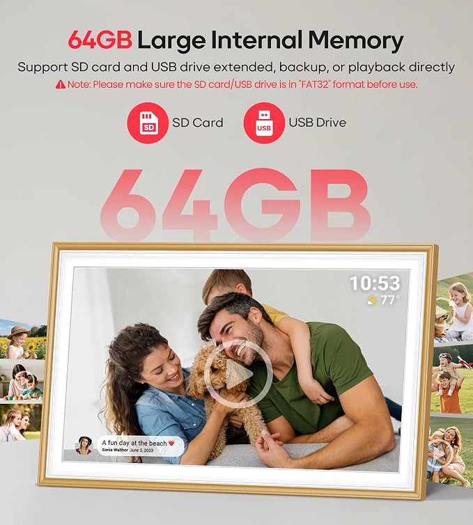 64GB Frameo 15.6" Digital Picture Frame Large 1920 x 1080 IPS FHD Touch Screen WiFi Electronic Photo Frames Share Moments Instantly Anywhere Best Gifts for Parents and Grandparents Golden White