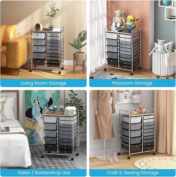 GLACER 15 Drawers Rolling Storage Cart, Steel Frame Craft Organizer Cart | Utility Cart w/Lockable Wheels & Sleek Handle, Mobile Art & Tool Supply Trolley for Teacher, Home, School, Office (Grey)
