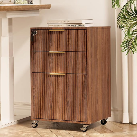 3 Drawers Fluted Mobile File Cabinet with Lock, Rolling File Cabinet Printer Stand Table, Under Desk Wooden Filing Cabinets for Home Office Essentials Storage Organization Furniture Letters/A4(Walnut)
