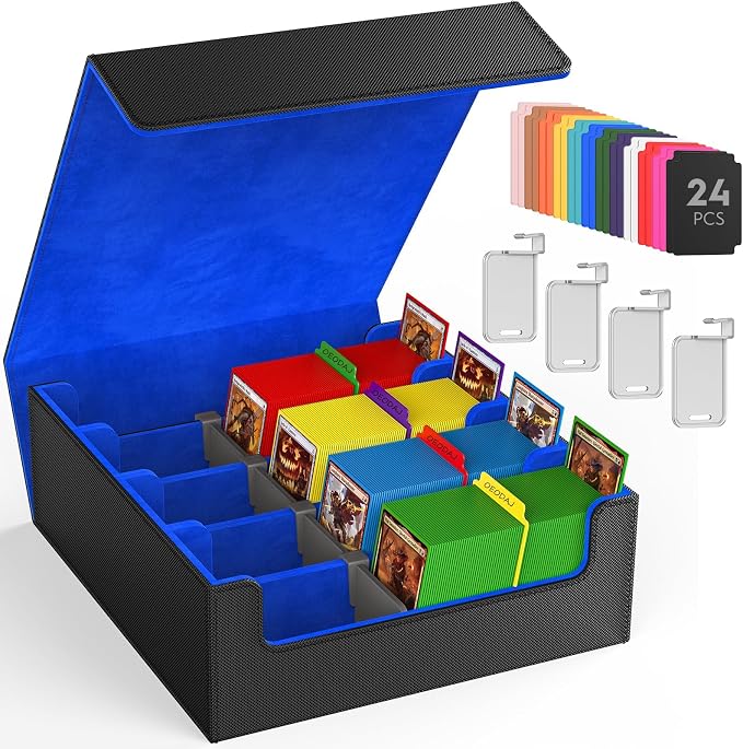 Trading Card Storage Box, 3200+ MTG Card Storage, 4 Row TCG Card Organizer Box with 24 Colorful Dividers and 4 Stands, Bulk PKM Storage, Deck Case Holder Fits for YuGiOh, Game Cards (Black & Blue)