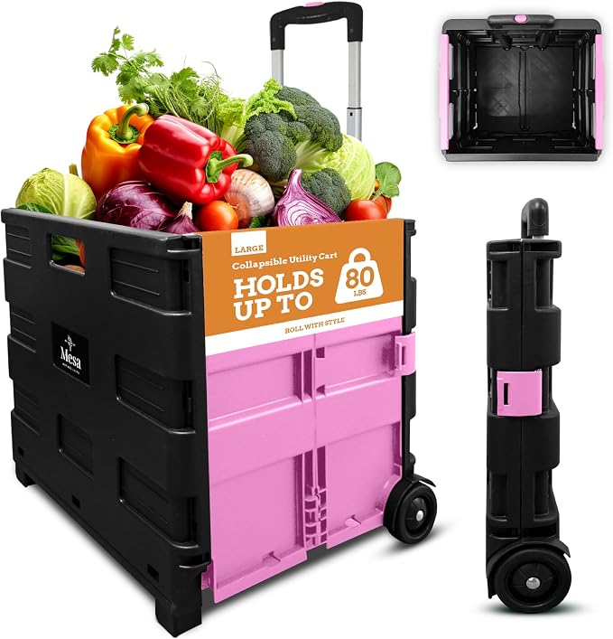 Ultra-Slim Rolling Collapsible Storage Pack-N-Roll Utility-carts, with Telescopic Handle, for Home, Garden, Shopping, Office, School use, Large, Pink & Black