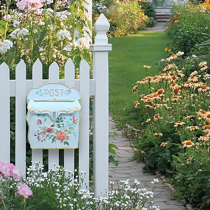 BIG FORTUNE Wall Mount Mailbox for House Outside Vintage Metal Door Mailbox Antique Style Nostalgic Charm Home Decor Garden Vintage English Cottage Decor Flower Patter(Blue)