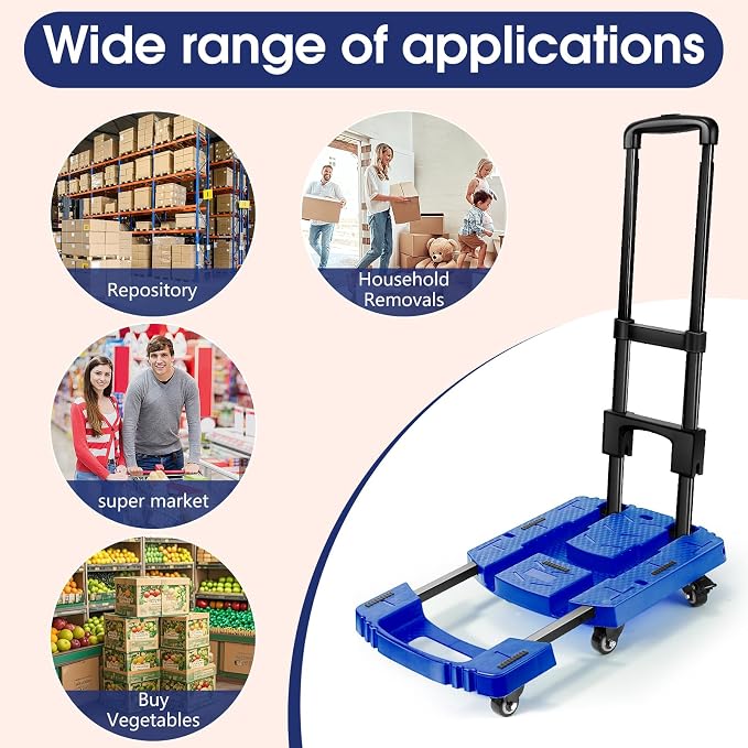 Voipvvii Folding Hand Truck 500lbs, Portable Heavy Duty Dolly Cart, 6 Wheels Collapsible Luggage Cart with 2 Elastic Ropes - Compact Trolley Cart for Easy Moving - Ideal Hand Cart for Travel and More